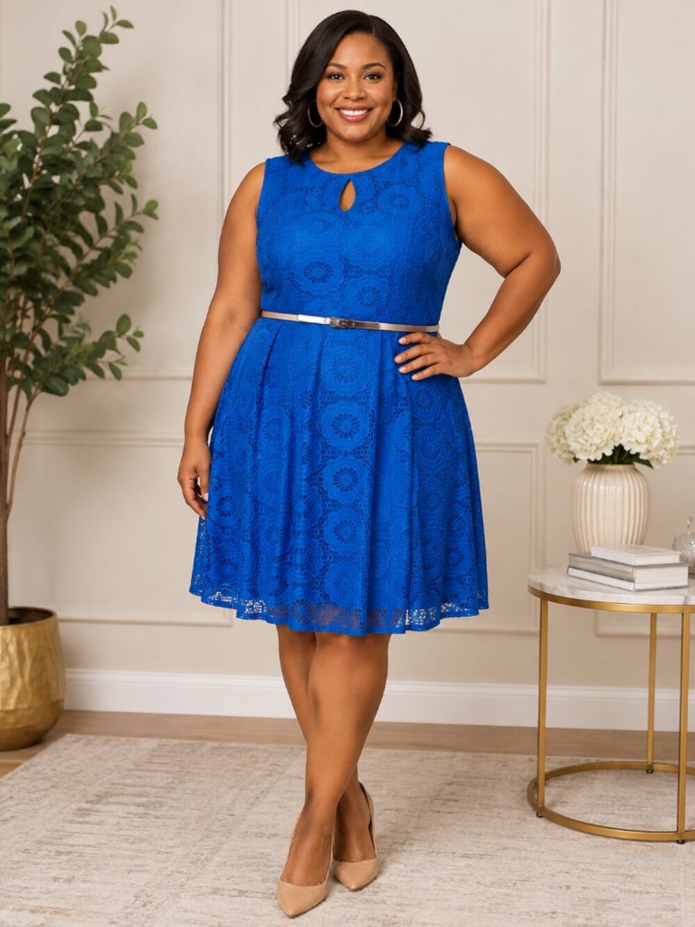 London Style Royal Blue Sleeveless Lace Fit & Flare Dress with Belt